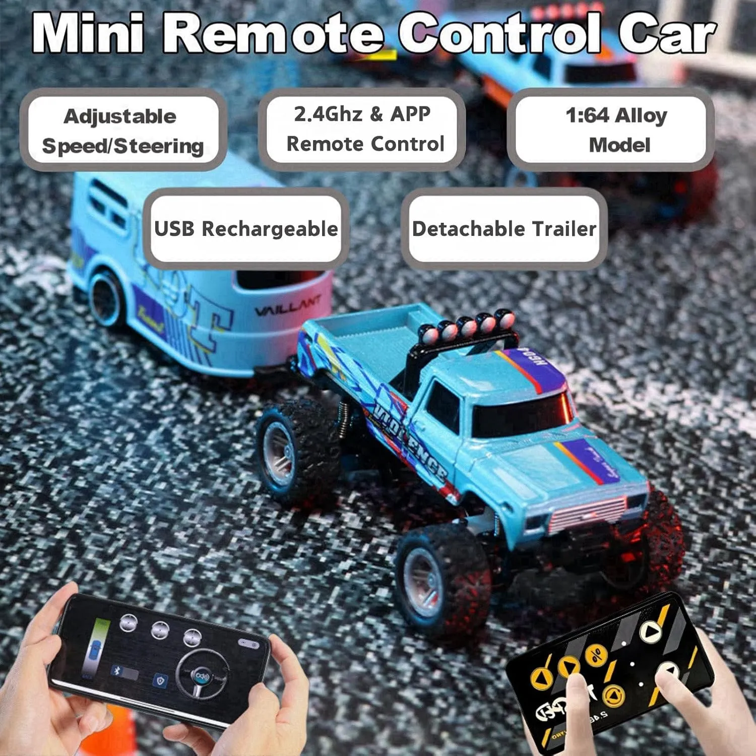 Mini RC Car, 1/64 Scale Mini Remote Control Monster Truck with Trailer, 2.4Ghz & APP Remote Control, Rechargeable Alloy Shell Mini RC Cars with Lights, Speed/Steering Adjustable (Pink)
