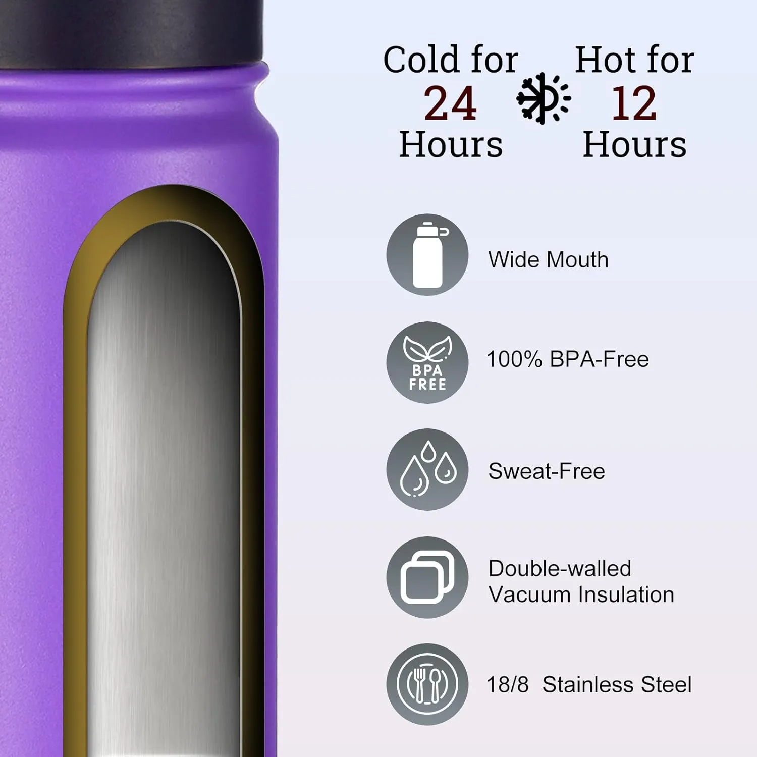 mininoo 24 oz Insulated Water Bottle with Straw Lid, Stainless Steel Double Wall Vacuum, Leak Proof, BPA Free, Keep Cold for 24H & Hot for 12H-2 pack(Purple)