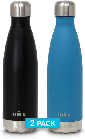MIRA 2 Pack 17 oz Insulated Water Bottle - Stainless Steel Cola Shape Thermos - Double Wall Hot & Cold Flask (24Hr Cold/12Hr Hot) - Black & Hawaiian Blue