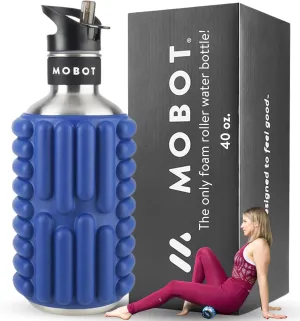 MOBOT Portable Travel Foam Roller Water Bottle with Sip Straw, Stainless Steel Screw Lid | Insulated Sports Water Bottle and Foam Rollers for Yoga, Workout, Home Gym, & Exercise 40oz. (Blue)