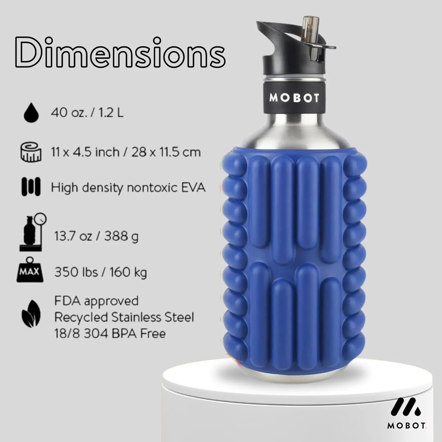 MOBOT Portable Travel Foam Roller Water Bottle with Sip Straw, Stainless Steel Screw Lid | Insulated Sports Water Bottle and Foam Rollers for Yoga, Workout, Home Gym, & Exercise 40oz. (Blue)