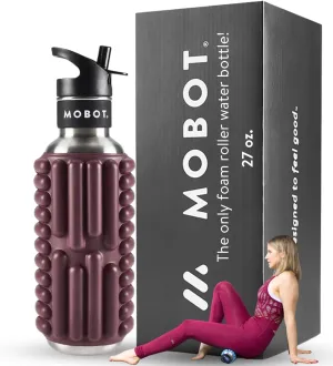MOBOT Portable Travel Foam Roller Water Bottle with Sip Straw, Stainless Steel Screw Lid | Insulated Sports Water Bottle and Foam Rollers for Yoga, Workout, Home Gym, & Exercise, Beet (27 oz)