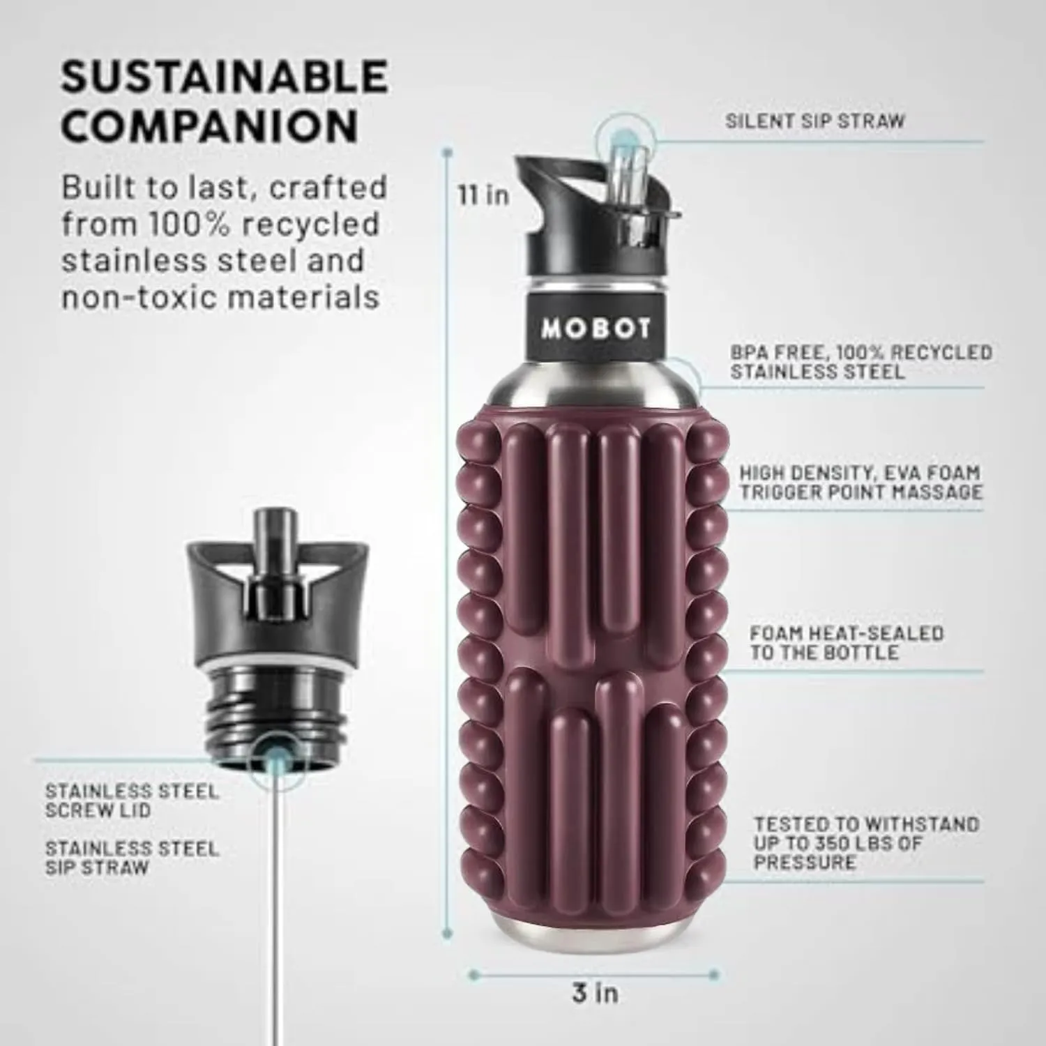 MOBOT Portable Travel Foam Roller Water Bottle with Sip Straw, Stainless Steel Screw Lid | Insulated Sports Water Bottle and Foam Rollers for Yoga, Workout, Home Gym, & Exercise, Beet (27 oz)