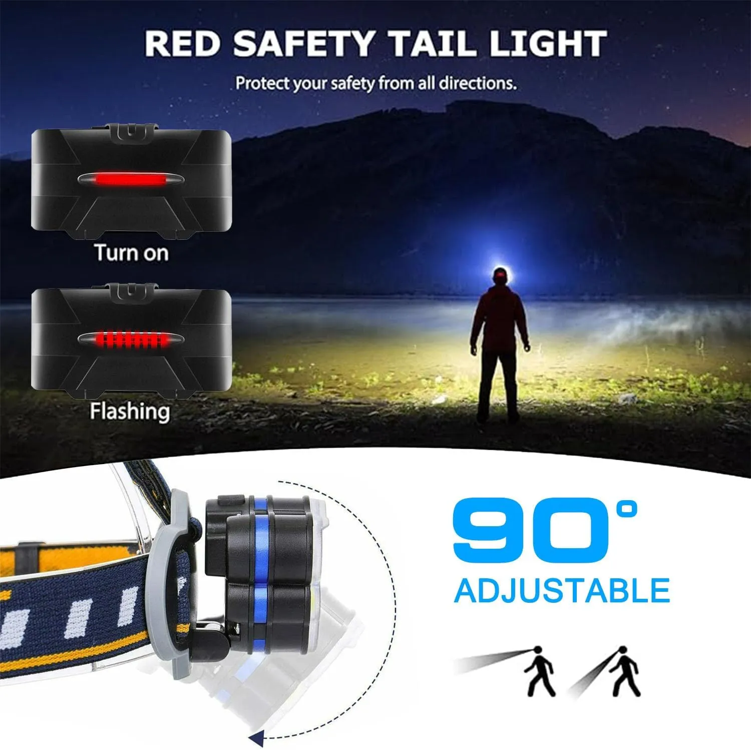 MODOAO Headlights LED Flashlights, 8 Mode COB Light and Red Warning Light, IPX4 Waterproof Headlamps Suitable for Camping, Fishing, Jogging, Hiking, Outdoor Work Headlights (8 LED)