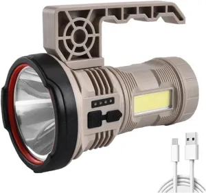 MODOAO LED Searchlight Portable Camping Flashlight with Side Light USB Charging Rechargeable Waterproof Torch Outdoor Long Range Flood Lantern (Khaki)