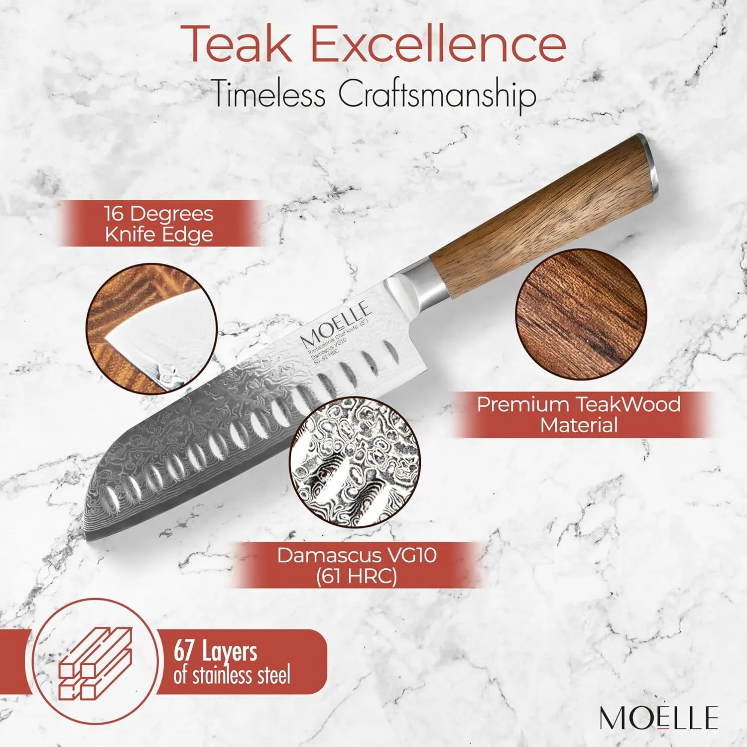 MOELLE Damascus Chef Knife, Danish Design Japanese Knife with Sustainable Teak Wood Handle, Sharp Damascus Stainless Steel Blade Chefs Knife for Cooking - Elegant Gift Packaging (7 Inch)