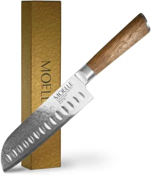 MOELLE Damascus Chef Knife, Danish Design Japanese Knife with Sustainable Teak Wood Handle, Sharp Damascus Stainless Steel Blade Chefs Knife for Cooking - Elegant Gift Packaging (7 Inch)