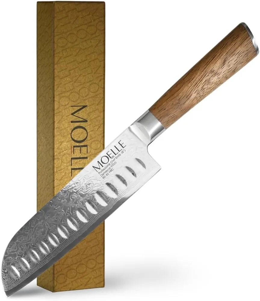 MOELLE Damascus Chef Knife, Danish Design Japanese Knife with Sustainable Teak Wood Handle, Sharp Damascus Stainless Steel Blade Chefs Knife for Cooking - Elegant Gift Packaging (7 Inch)