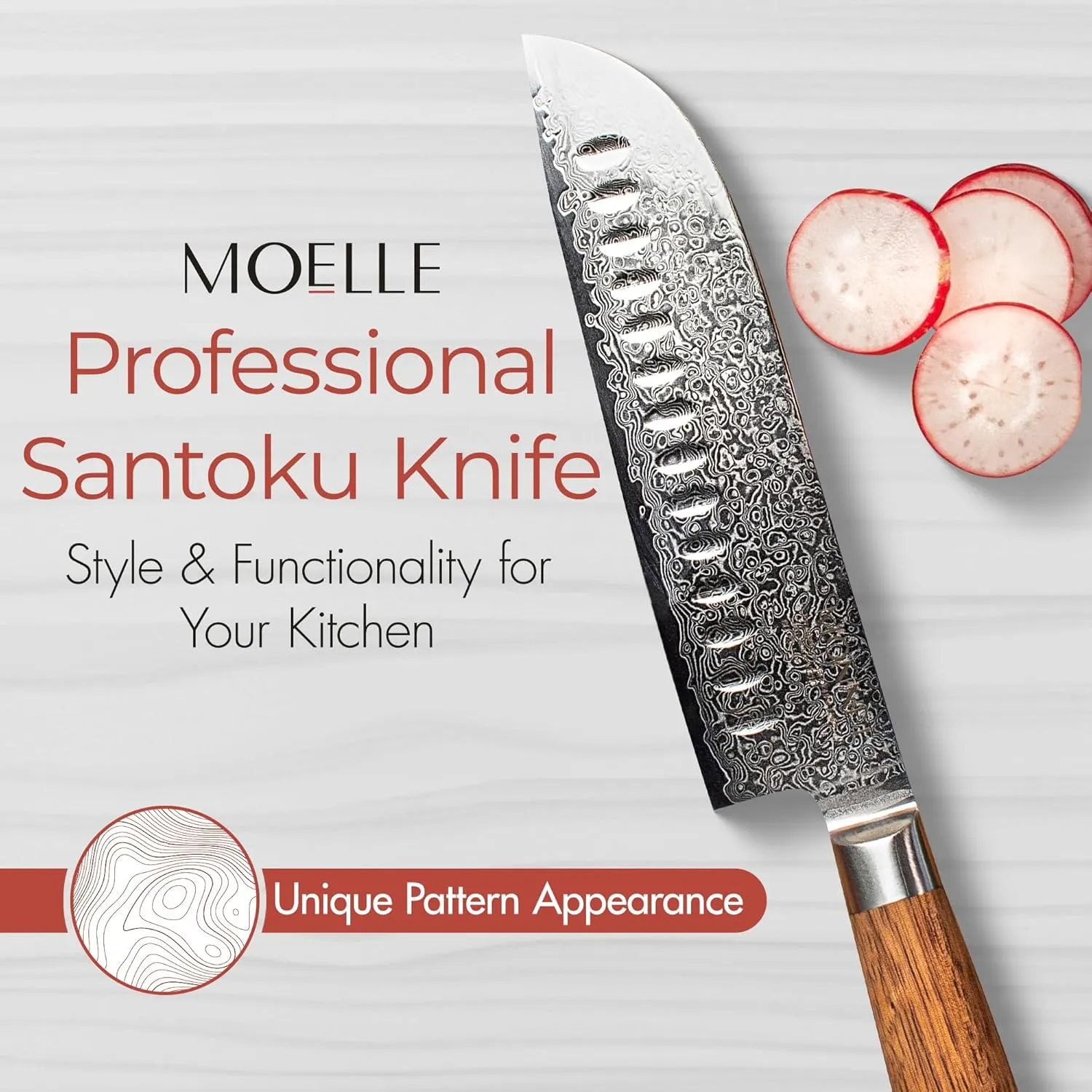 MOELLE Damascus Chef Knife, Danish Design Japanese Knife with Sustainable Teak Wood Handle, Sharp Damascus Stainless Steel Blade Chefs Knife for Cooking - Elegant Gift Packaging (7 Inch)