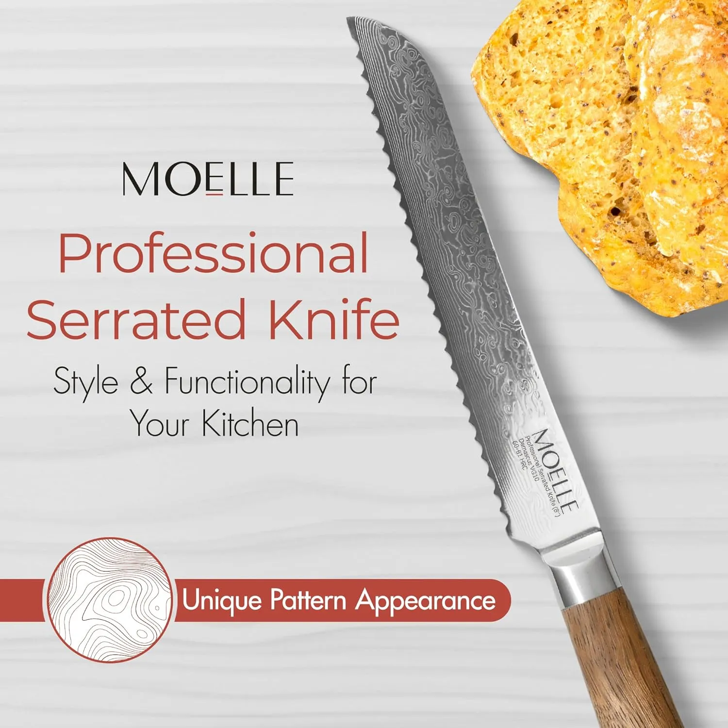MOELLE Damascus Chef Knife, Danish Design Japanese Knife with Sustainable Teak Wood Handle, Sharp Damascus Stainless Steel Blade Chefs Knife for Cooking - Elegant Gift Packaging (8 Inch)