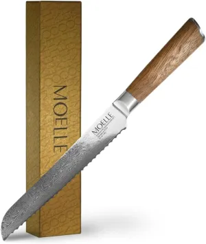 MOELLE Damascus Chef Knife, Danish Design Japanese Knife with Sustainable Teak Wood Handle, Sharp Damascus Stainless Steel Blade Chefs Knife for Cooking - Elegant Gift Packaging (8 Inch)