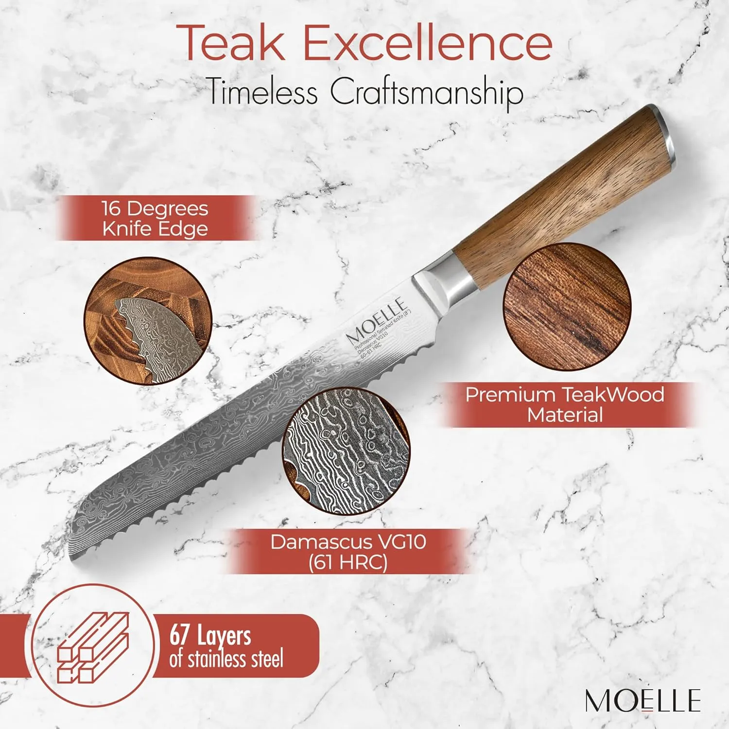 MOELLE Damascus Chef Knife, Danish Design Japanese Knife with Sustainable Teak Wood Handle, Sharp Damascus Stainless Steel Blade Chefs Knife for Cooking - Elegant Gift Packaging (8 Inch)