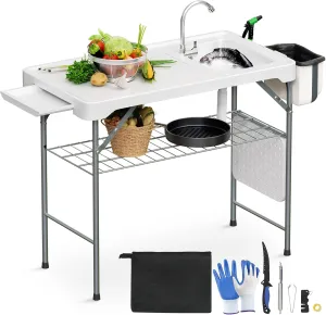 MoNiBloom Folding Fish Cleaning Table with Double Sink, Portable Camping Outdoor Heavy-Duty Fillet Station with Faucet Drainage Hose Sprayer and Knife for Picnic Fishing Garden Patio Beach, White
