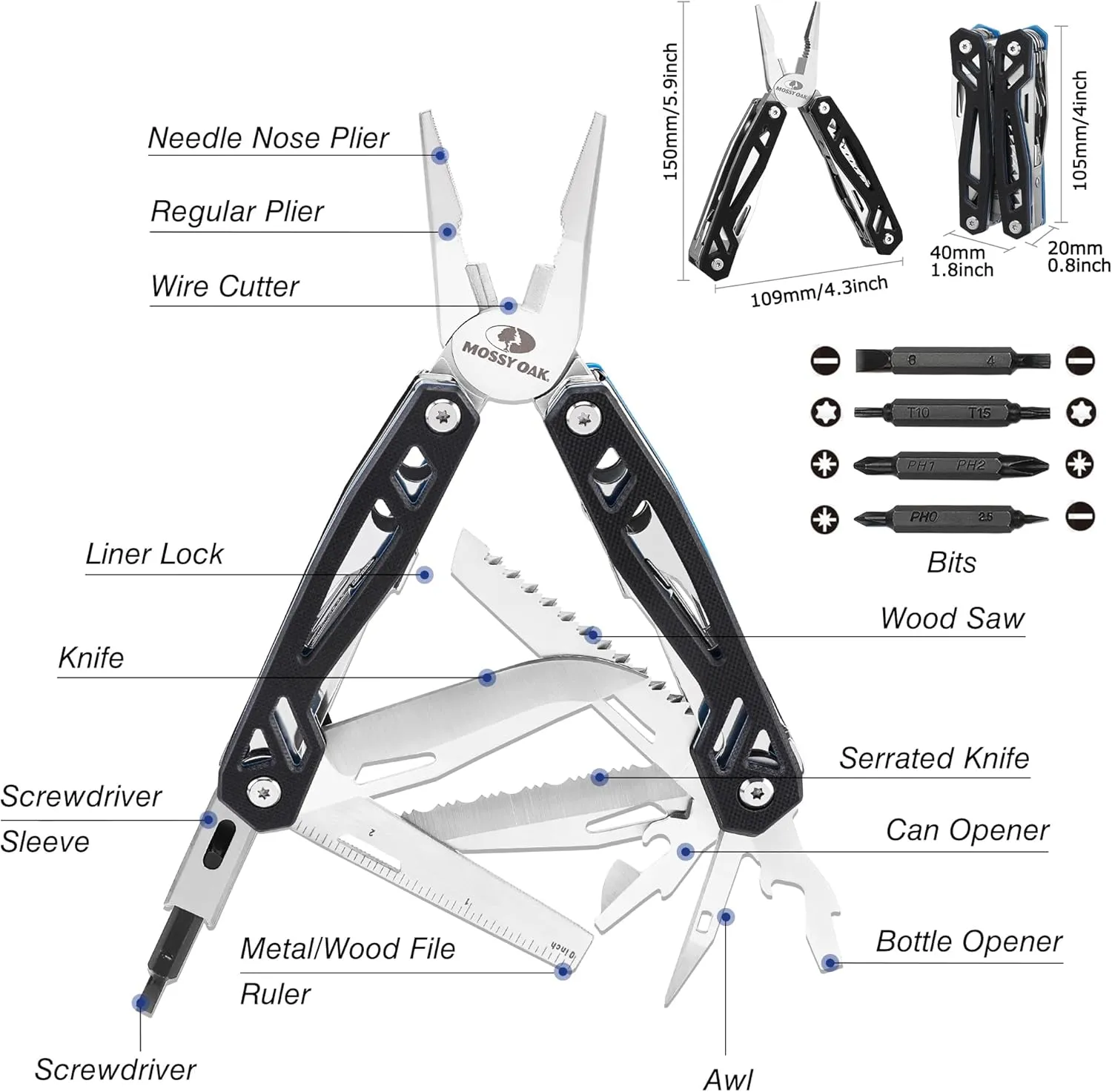 MOSSY OAK Multitool, 21-in-1 Stainless Steel Pocket Knife with G10 Handle, Screwdriver Sleeve, Self-locking Pliers with Sheath-Perfect for Outdoor, Survival, Camping, Hiking, Simple Repair