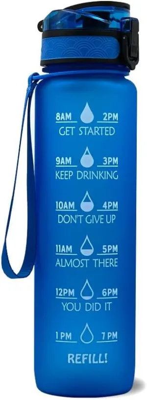 Motivational Water Bottle, Large capacity 32oz/1L, BPA-Free, Push Button Open, Removable Strainer, Easy Carry Handle (Blue)-fba