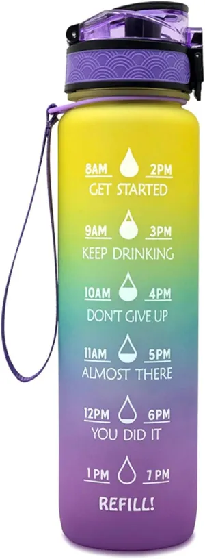 Motivational Water Jug Large Water Bottle Tritan 32oz BPA Free with Time Marker Reminder for Camping Fitness Gym Workouts Outdoor Sports, Purple/Blue/Yellow