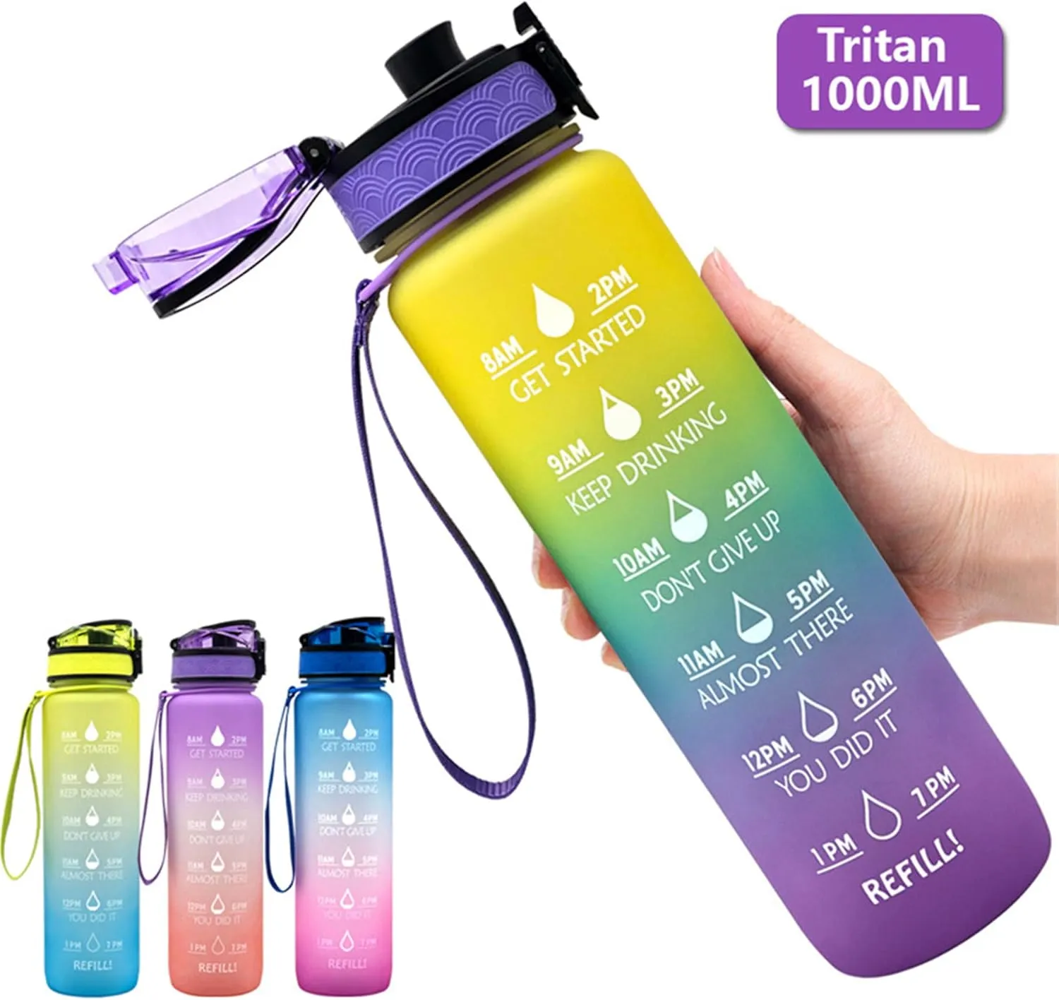 Motivational Water Jug Large Water Bottle Tritan 32oz BPA Free with Time Marker Reminder for Camping Fitness Gym Workouts Outdoor Sports, Purple/Blue/Yellow