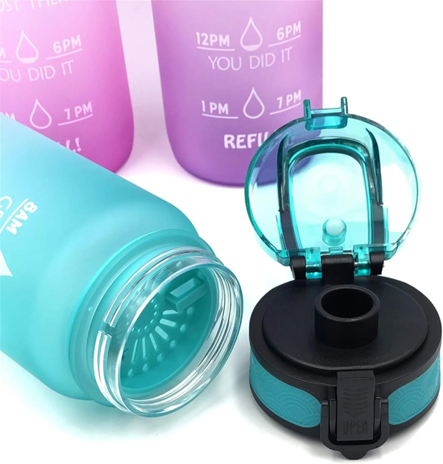 Motivational Water Jug Large Water Bottle Tritan 32oz BPA Free with Time Marker Reminder for Camping Fitness Gym Workouts Outdoor Sports, Purple/Blue/Yellow