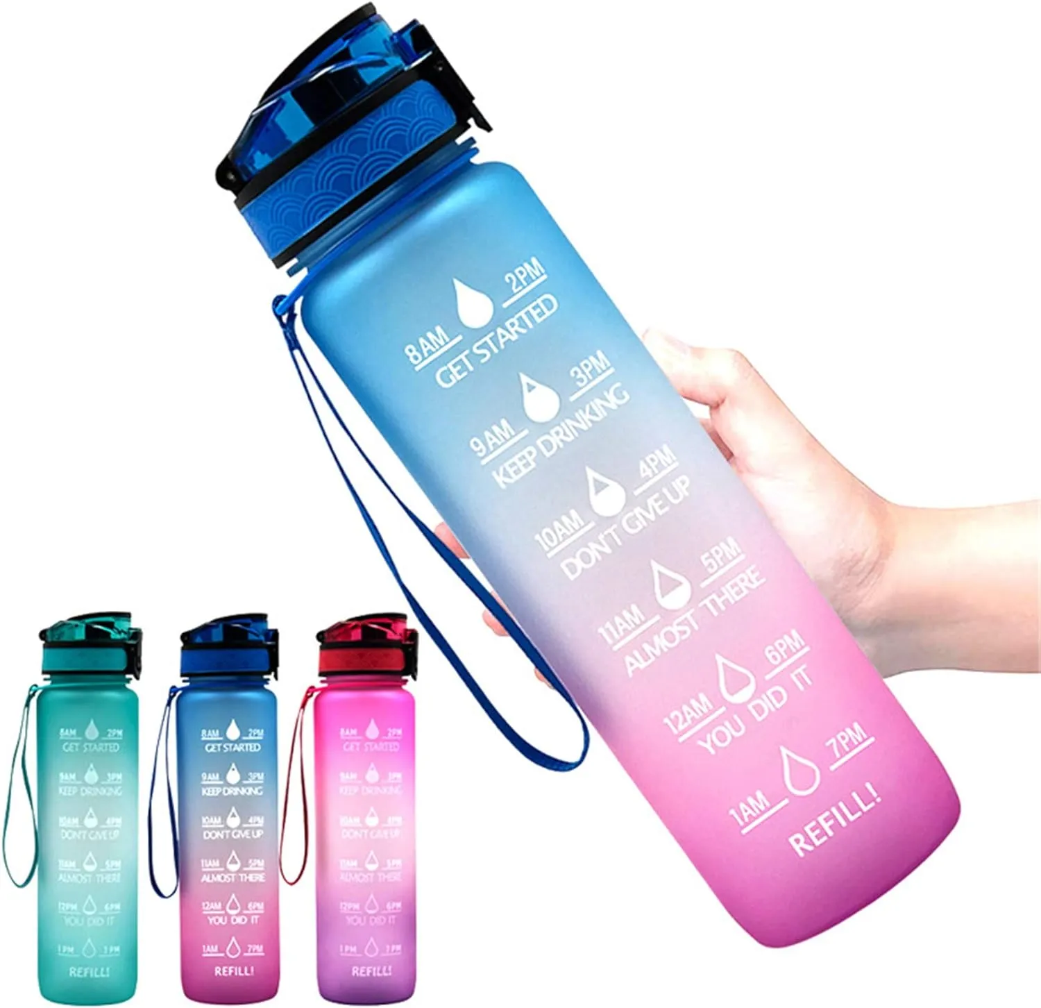 Motivational Water Jug Large Water Bottle Tritan 32oz BPA Free with Time Marker Reminder for Camping Fitness Gym Workouts Outdoor Sports, Purple/Blue/Yellow