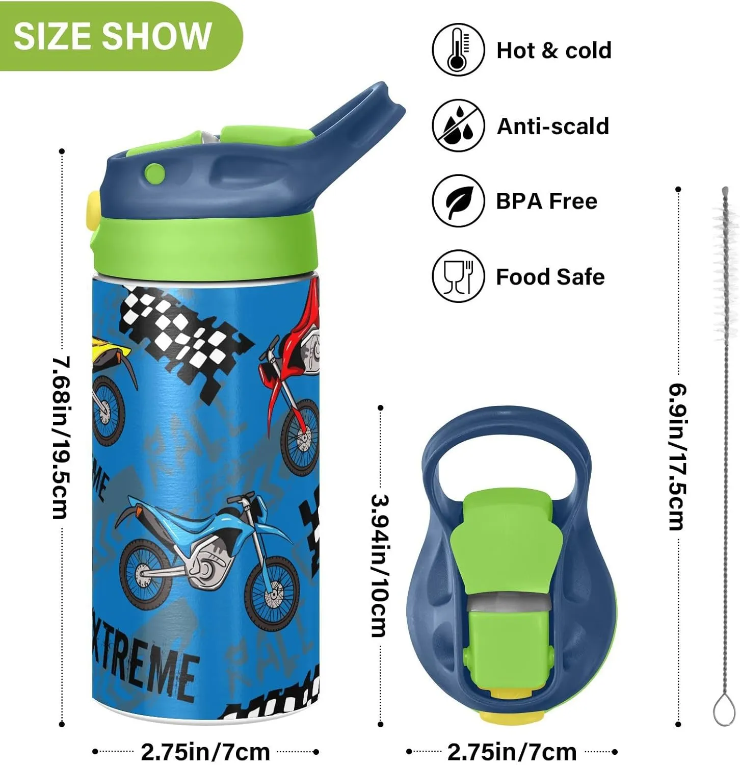 Motorcycles Insulated Stainless Steel Water Bottle for Kids Toddlers Steel Cup with Straw & Handle Kids Water Bottle for School Boys Girls Office Travel Sports Gym