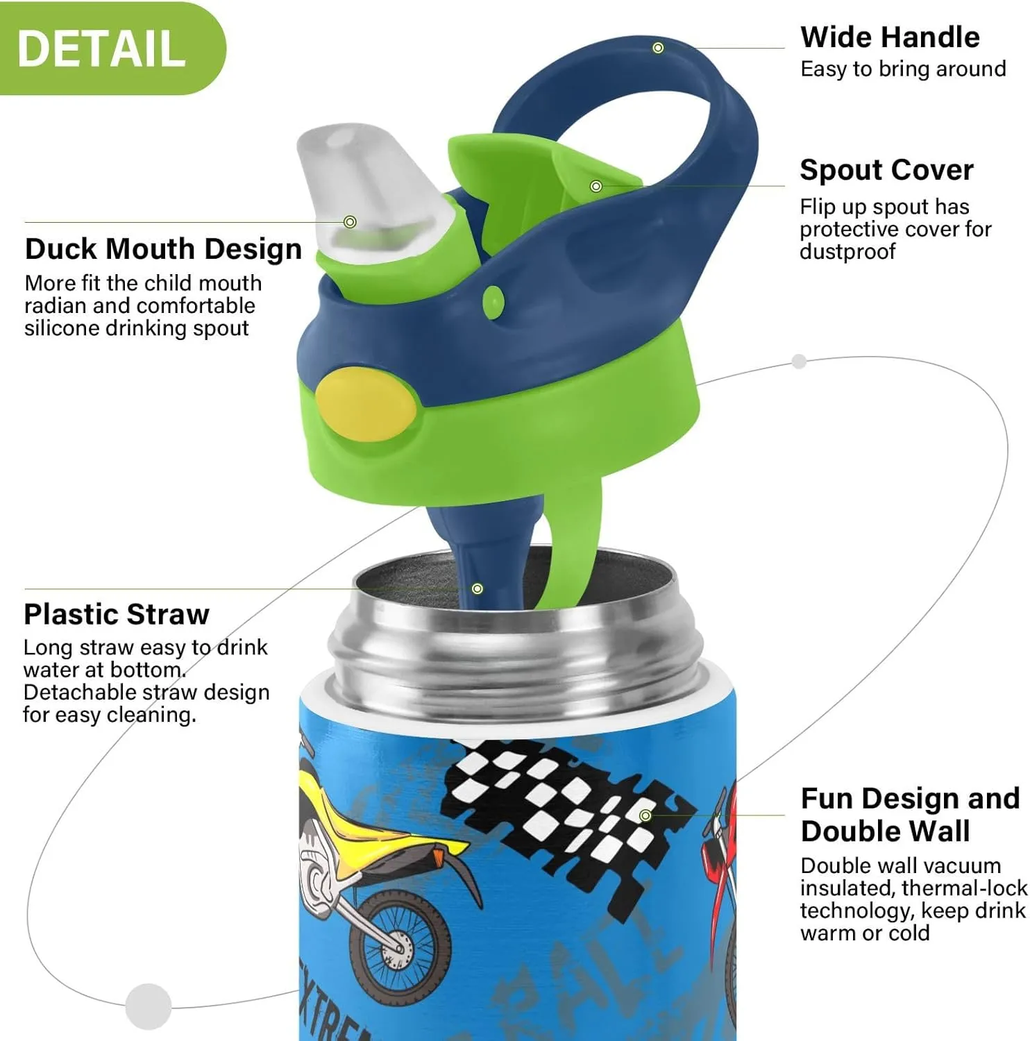 Motorcycles Insulated Stainless Steel Water Bottle for Kids Toddlers Steel Cup with Straw & Handle Kids Water Bottle for School Boys Girls Office Travel Sports Gym