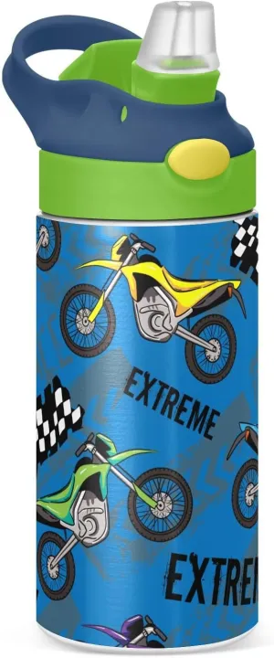 Motorcycles Insulated Stainless Steel Water Bottle for Kids Toddlers Steel Cup with Straw & Handle Kids Water Bottle for School Boys Girls Office Travel Sports Gym