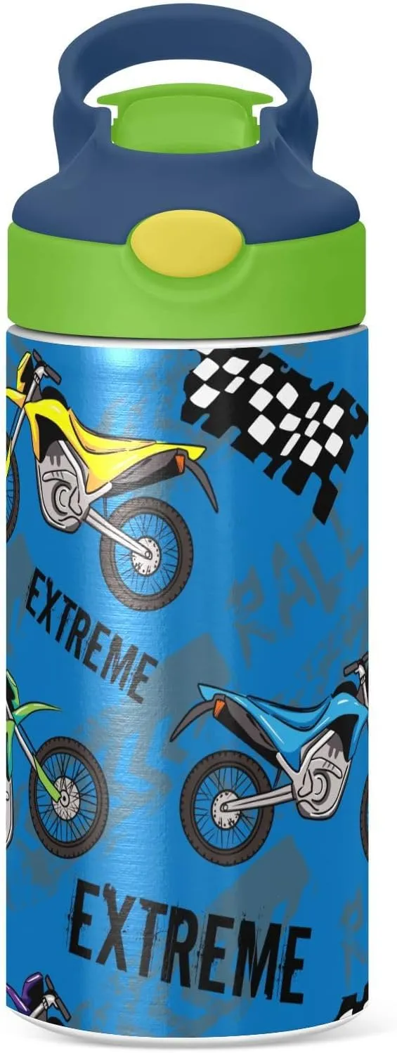Motorcycles Insulated Stainless Steel Water Bottle for Kids Toddlers Steel Cup with Straw & Handle Kids Water Bottle for School Boys Girls Office Travel Sports Gym