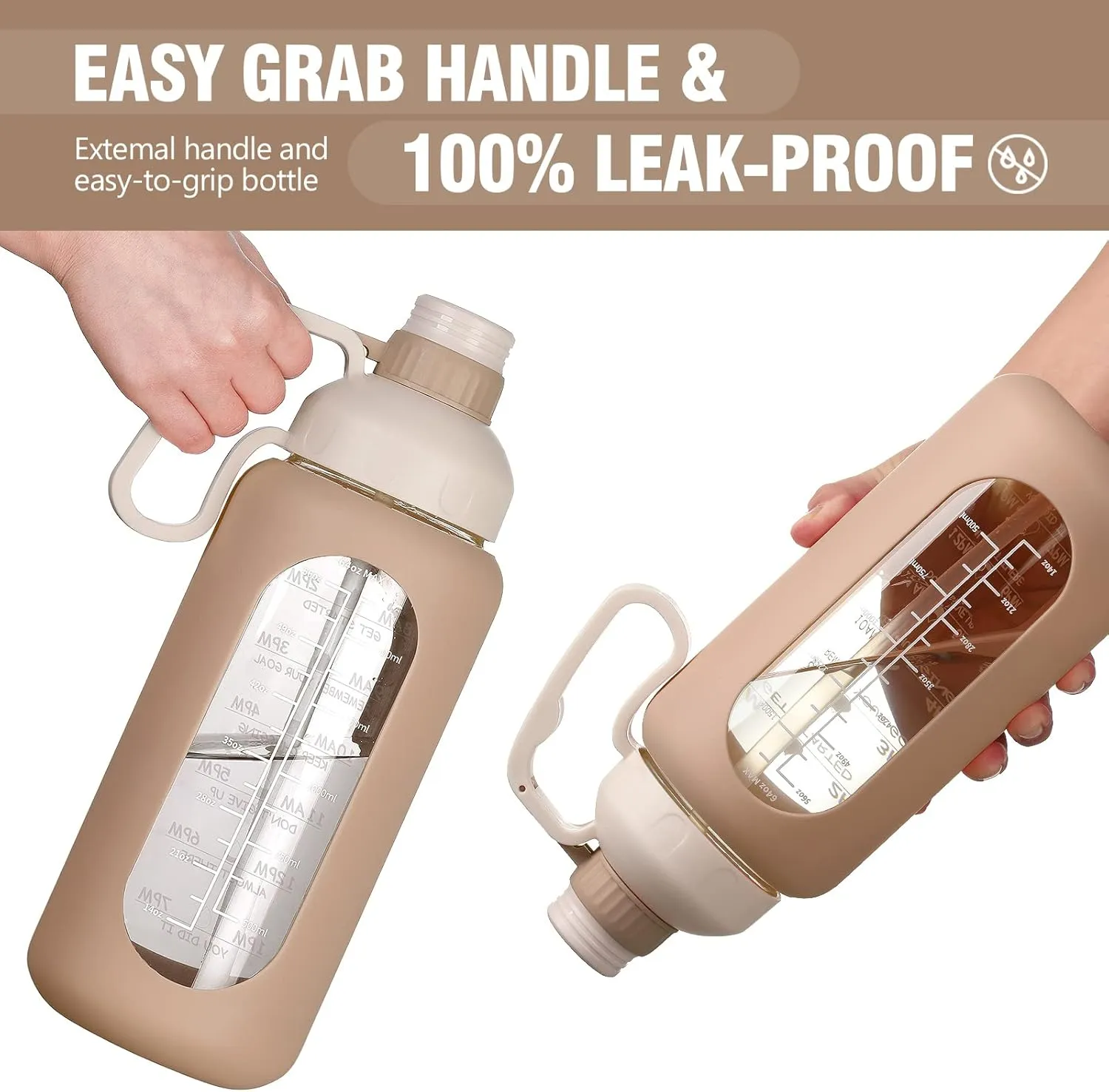 MUKOKO 64oz Glass Water Bottles with Straw, Half Gallon Water Jug with Time Marker, Sports Large Motivational Bottle with Silicone Sleeve, Amber