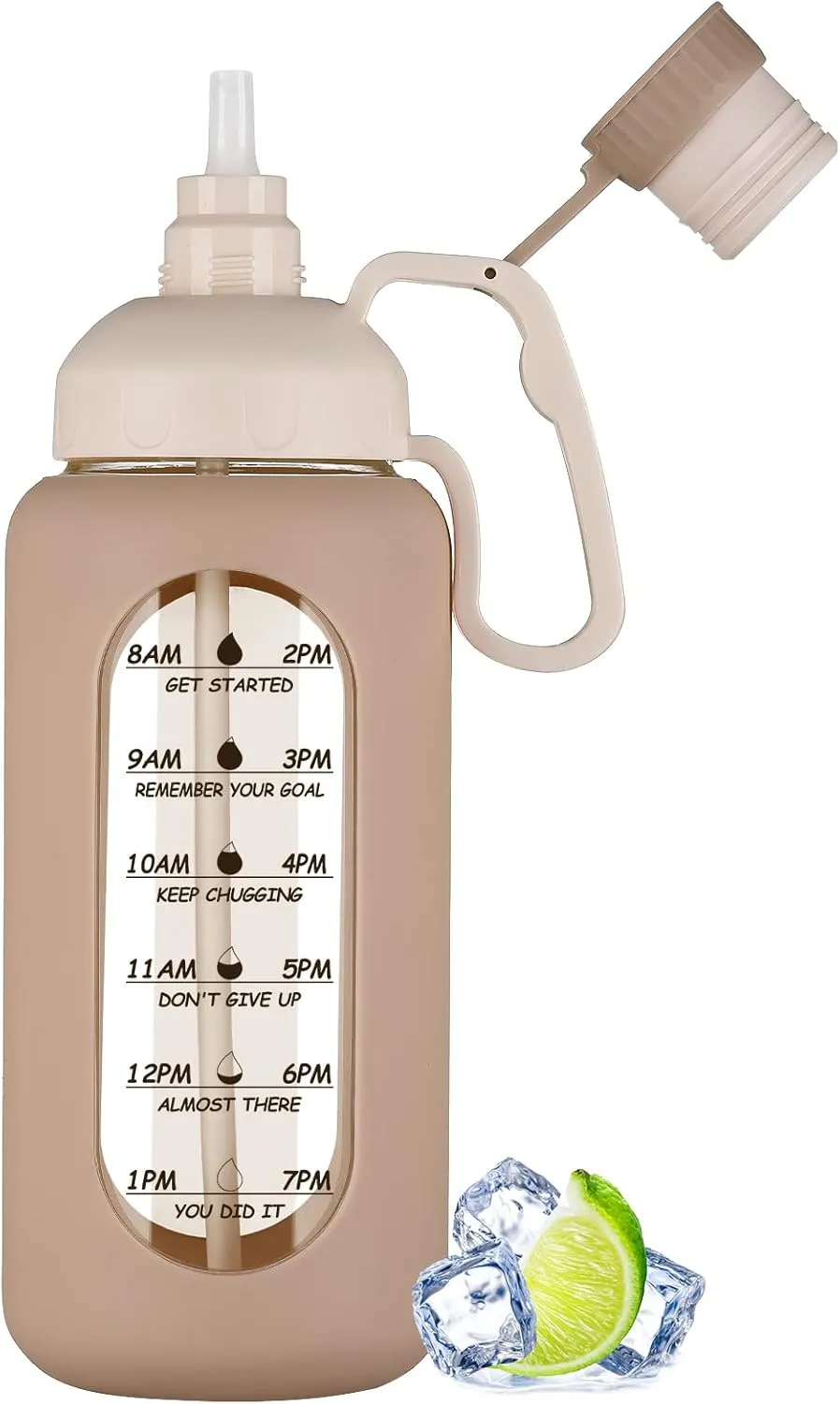 MUKOKO 64oz Glass Water Bottles with Straw, Half Gallon Water Jug with Time Marker, Sports Large Motivational Bottle with Silicone Sleeve, Amber