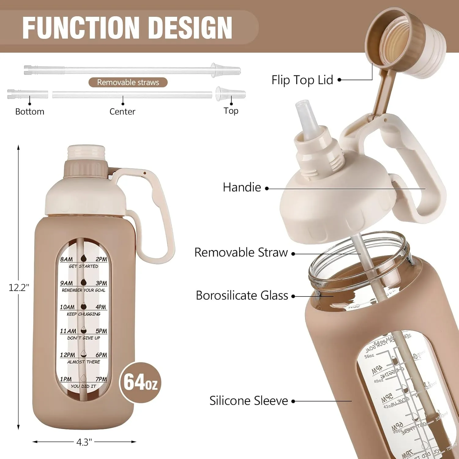 MUKOKO 64oz Glass Water Bottles with Straw, Half Gallon Water Jug with Time Marker, Sports Large Motivational Bottle with Silicone Sleeve, Amber