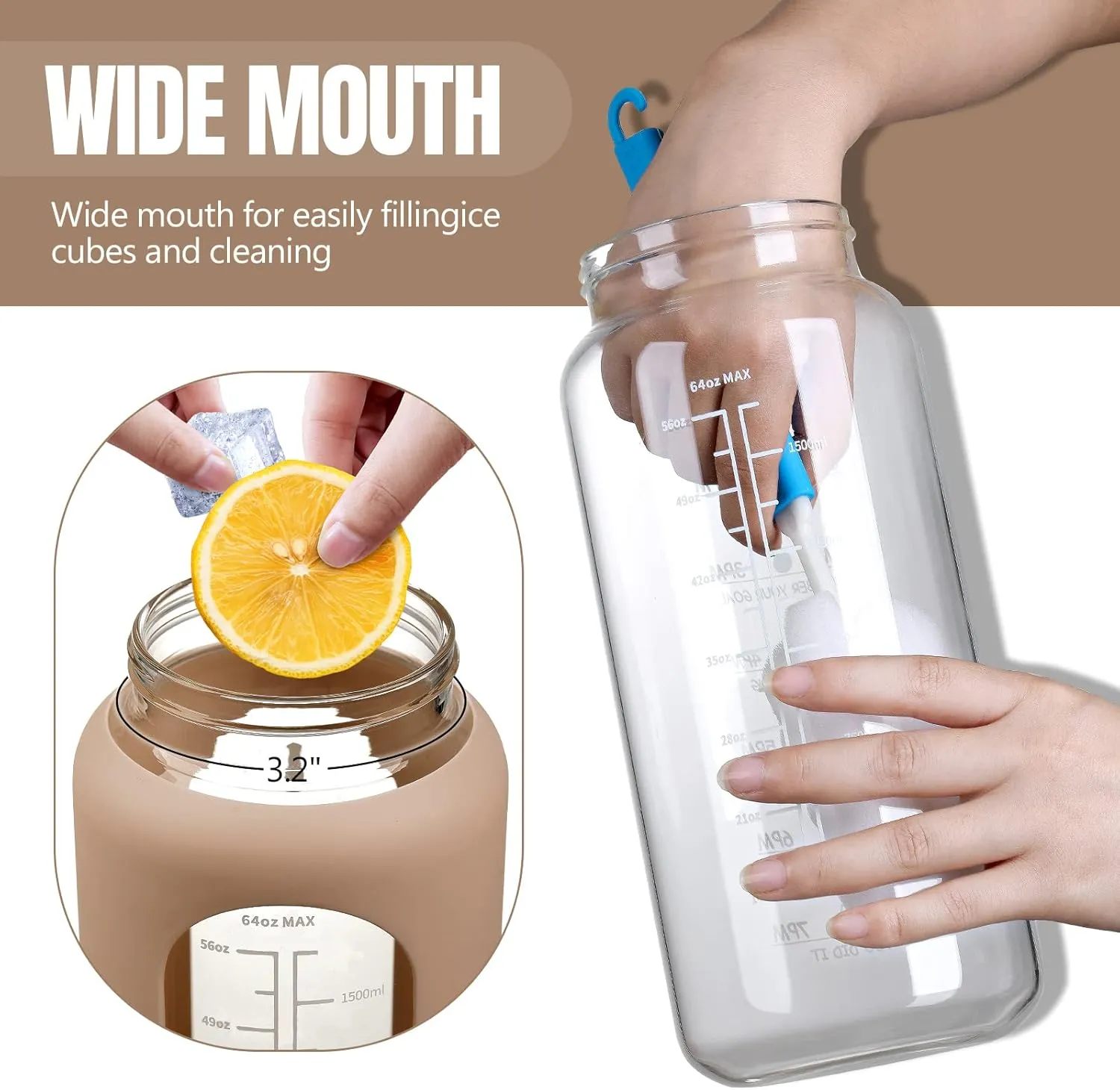 MUKOKO 64oz Glass Water Bottles with Straw, Half Gallon Water Jug with Time Marker, Sports Large Motivational Bottle with Silicone Sleeve, Amber