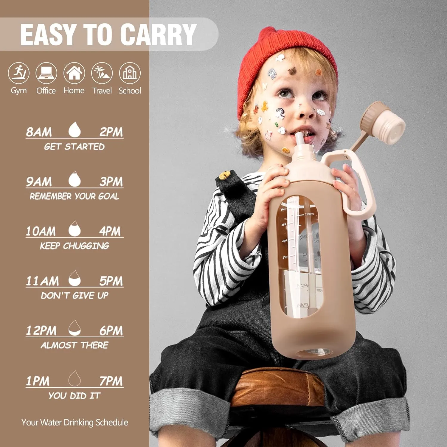 MUKOKO 64oz Glass Water Bottles with Straw, Half Gallon Water Jug with Time Marker, Sports Large Motivational Bottle with Silicone Sleeve, Amber