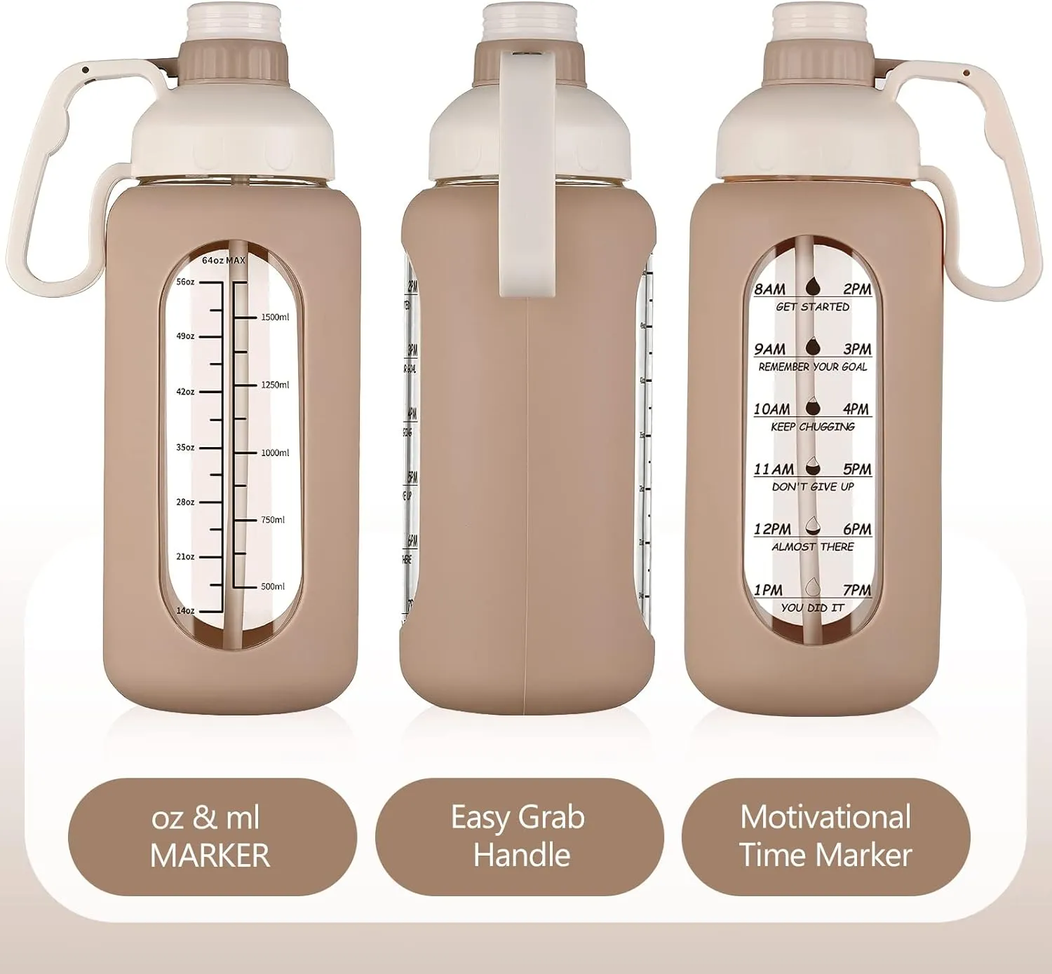 MUKOKO 64oz Glass Water Bottles with Straw, Half Gallon Water Jug with Time Marker, Sports Large Motivational Bottle with Silicone Sleeve, Amber