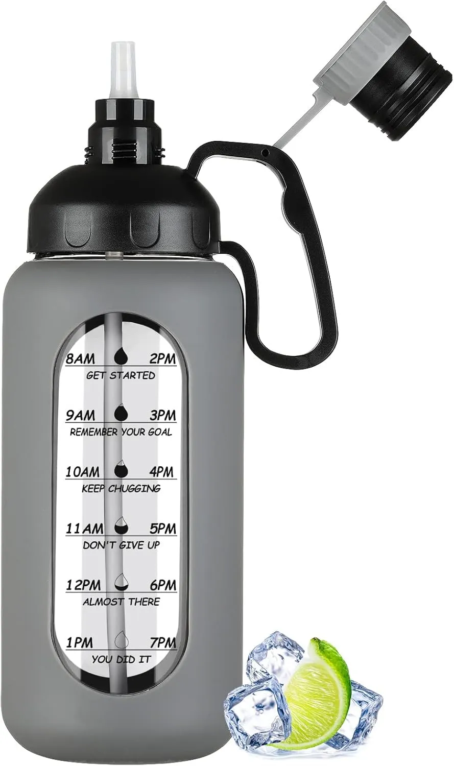 MUKOKO 64oz Glass Water Bottles with Straw, Half Gallon Water Jug with Time Marker, Sports Large Motivational Bottle with Silicone Sleeve, Grey