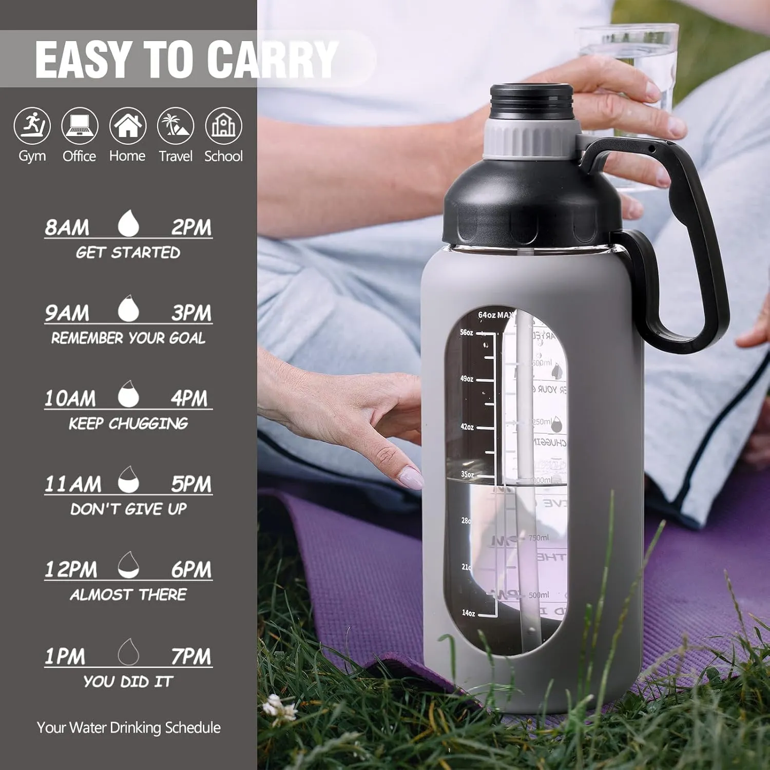 MUKOKO 64oz Glass Water Bottles with Straw, Half Gallon Water Jug with Time Marker, Sports Large Motivational Bottle with Silicone Sleeve, Grey