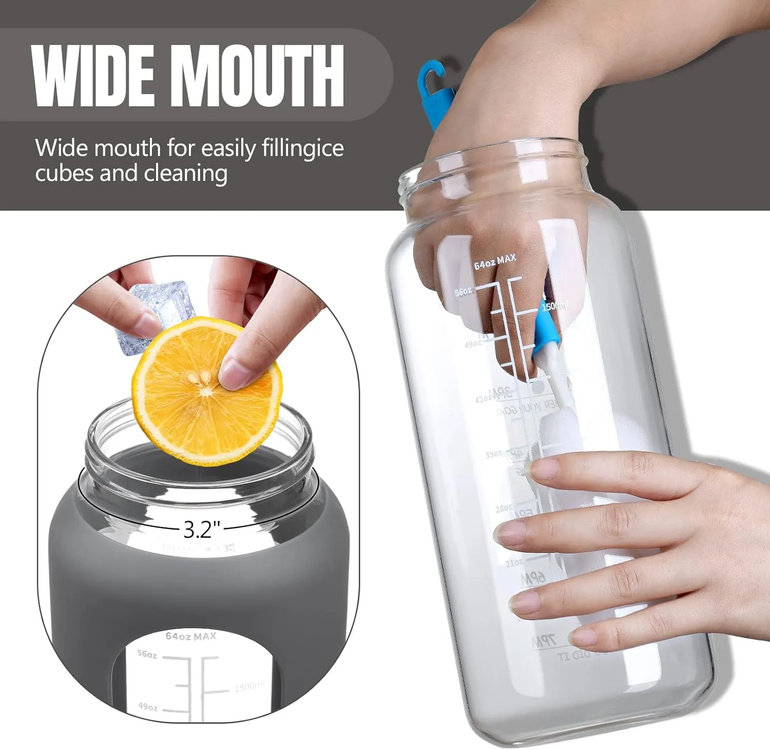 MUKOKO 64oz Glass Water Bottles with Straw, Half Gallon Water Jug with Time Marker, Sports Large Motivational Bottle with Silicone Sleeve, Grey