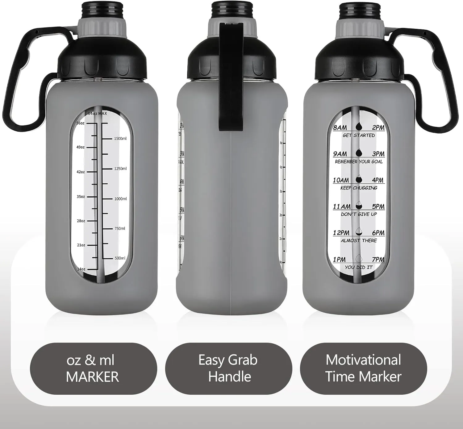 MUKOKO 64oz Glass Water Bottles with Straw, Half Gallon Water Jug with Time Marker, Sports Large Motivational Bottle with Silicone Sleeve, Grey