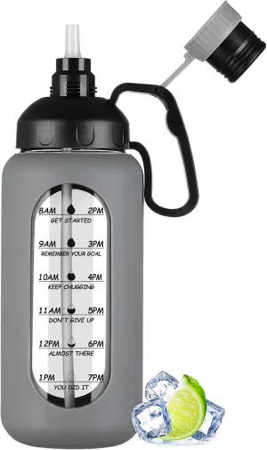 MUKOKO 64oz Glass Water Bottles with Straw, Half Gallon Water Jug with Time Marker, Sports Large Motivational Bottle with Silicone Sleeve, Grey