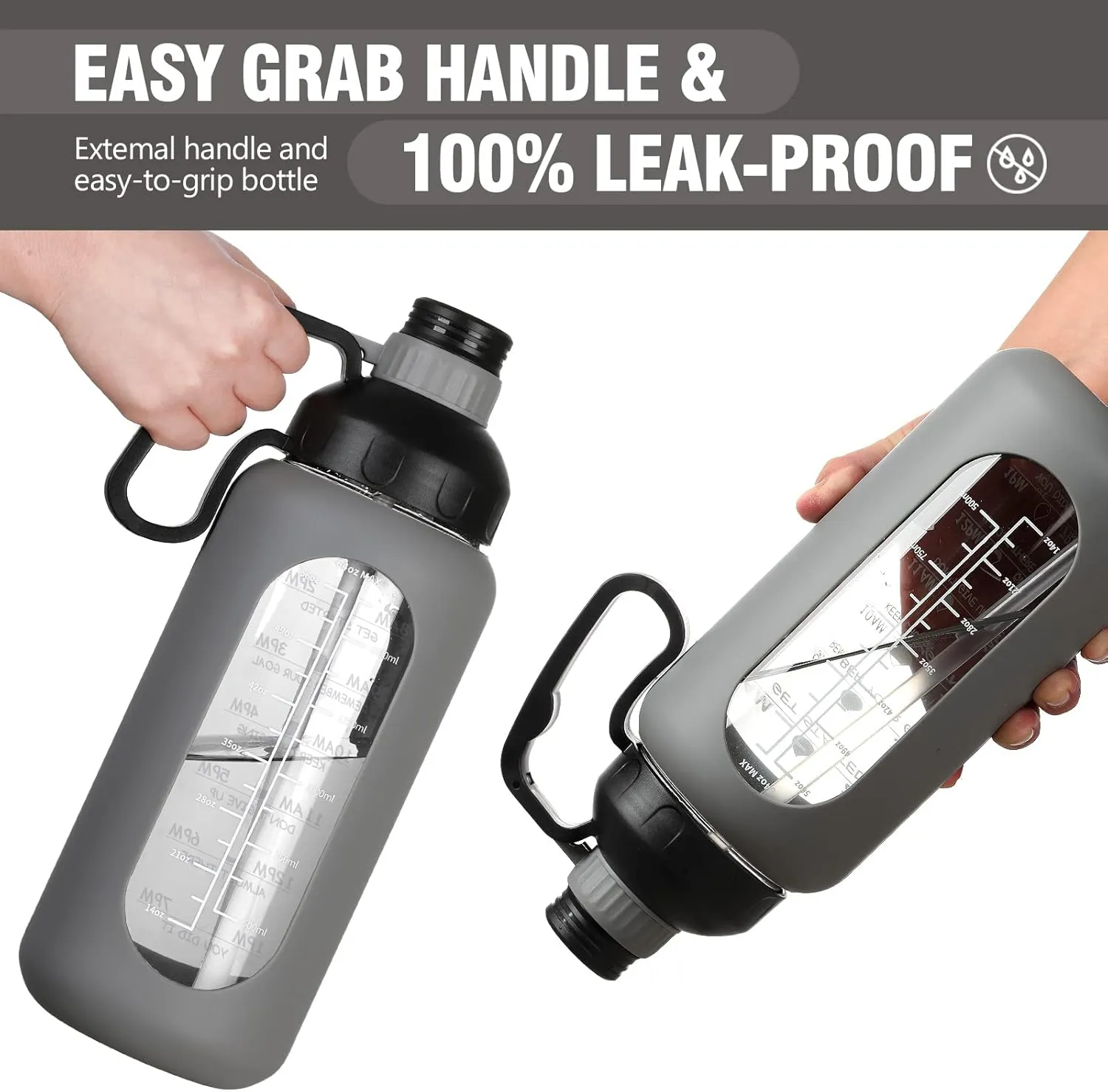MUKOKO 64oz Glass Water Bottles with Straw, Half Gallon Water Jug with Time Marker, Sports Large Motivational Bottle with Silicone Sleeve, Grey