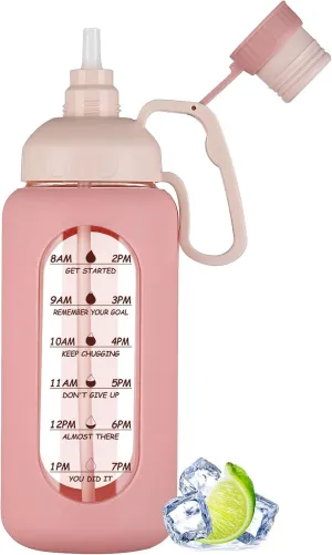MUKOKO 64oz Glass Water Bottles with Straw, Half Gallon Water Jug with Time Marker, Sports Large Motivational Bottle with Silicone Sleeve, Pink