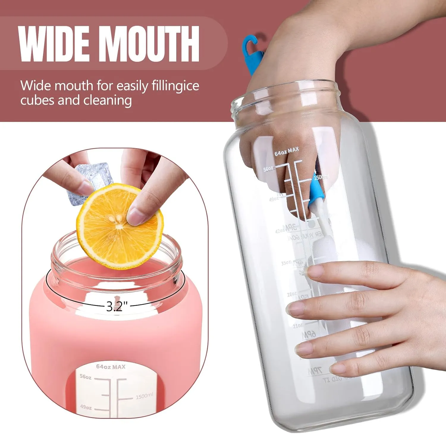 MUKOKO 64oz Glass Water Bottles with Straw, Half Gallon Water Jug with Time Marker, Sports Large Motivational Bottle with Silicone Sleeve, Pink