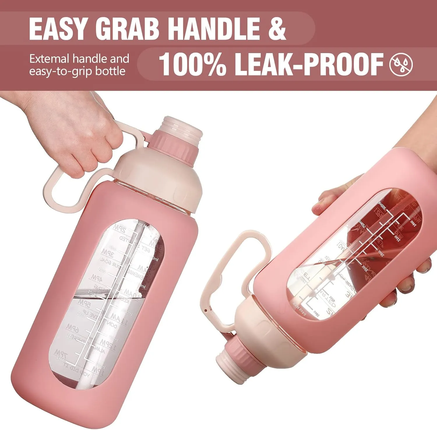 MUKOKO 64oz Glass Water Bottles with Straw, Half Gallon Water Jug with Time Marker, Sports Large Motivational Bottle with Silicone Sleeve, Pink