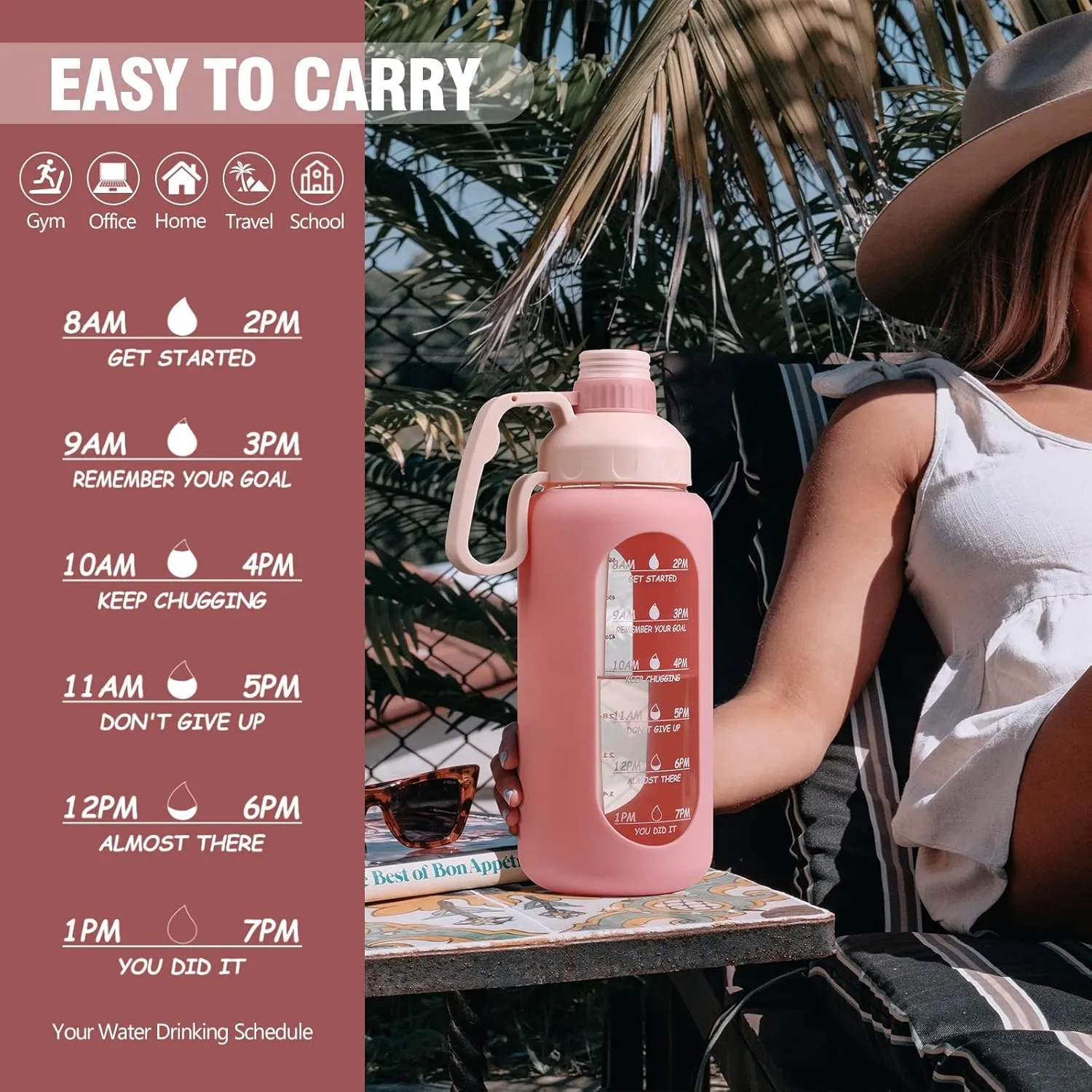 MUKOKO 64oz Glass Water Bottles with Straw, Half Gallon Water Jug with Time Marker, Sports Large Motivational Bottle with Silicone Sleeve, Pink