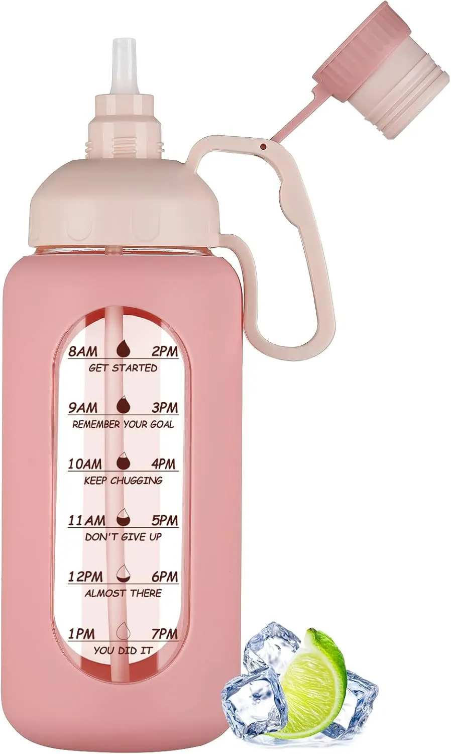MUKOKO 64oz Glass Water Bottles with Straw, Half Gallon Water Jug with Time Marker, Sports Large Motivational Bottle with Silicone Sleeve, Pink