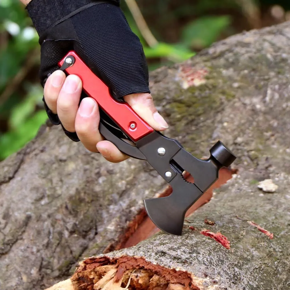 Multifunctional Axe Life Hammer Broken Window Hammer Outdoor Camping Ground Hammer Suitable for Camping Survival, Hiking, Fishing (Red Black)