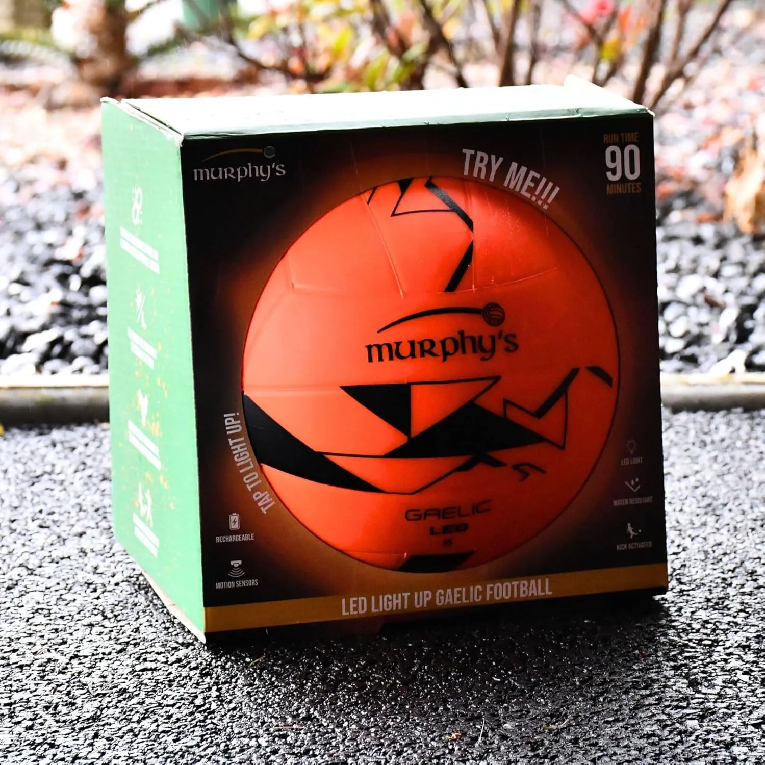 Murphy's LED Light Up Gaelic Soccer Ball, Glow in The Dark, Rechargeable and Water Resistant, Fluorescent Orange, Premium Rubber Construction, Size 5