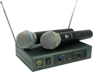 Nady DKW DUO HT B/D VHF Dual Wireless Handheld Microphone System – includes 2 microphones, AC adapter and audio cable – Easy setup – Karaoke, performance, presentation, public address