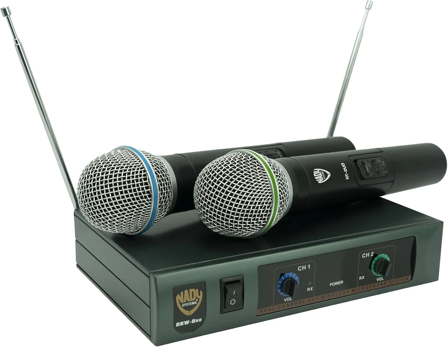 Nady DKW DUO HT B/D VHF Dual Wireless Handheld Microphone System – includes 2 microphones, AC adapter and audio cable – Easy setup – Karaoke, performance, presentation, public address