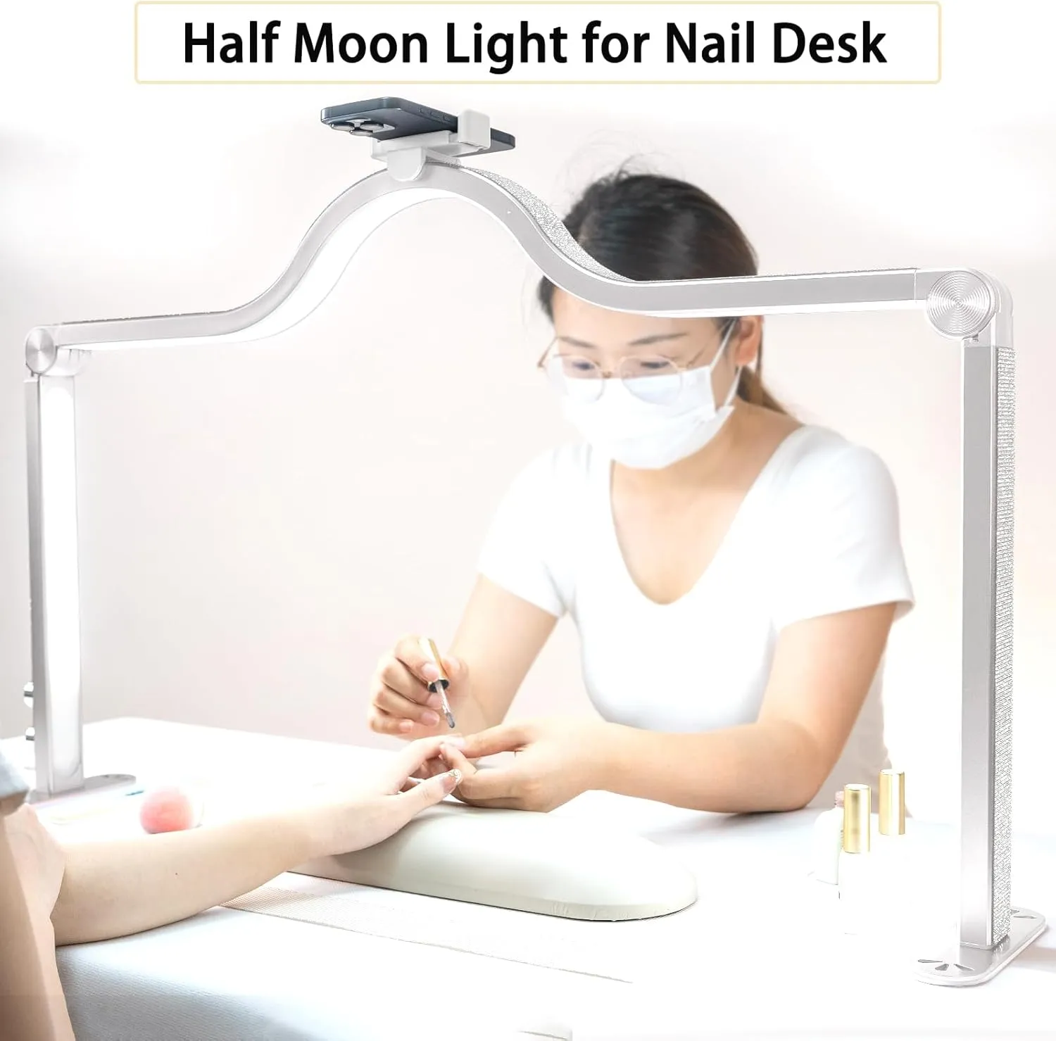 Nail Light for Desk Half Moon Light for Nail Desk 34Inch Foldable LED Table Lamp Manicure for Table Adjustable Dimmable Half Moon Lamp for Lash Beauty Tattoos Crafts Gold White