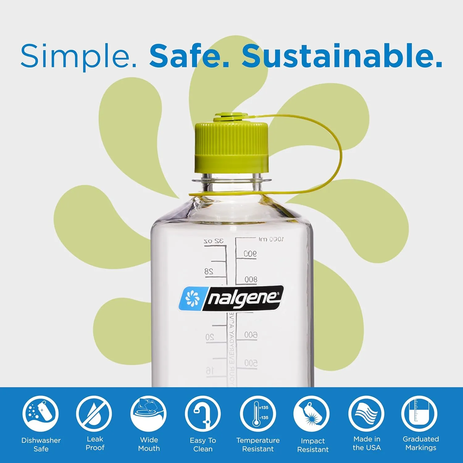 Nalgene Sustain Tritan BPA-Free Water Bottle Made with Material Derived from 50% Plastic Waste, 32 OZ, Narrow Mouth, Clear